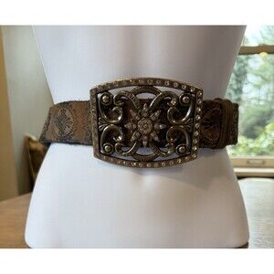 Blue Genie Leather Belt Size 32" Crystal Statement Buckle Vintage Tooled Leather
